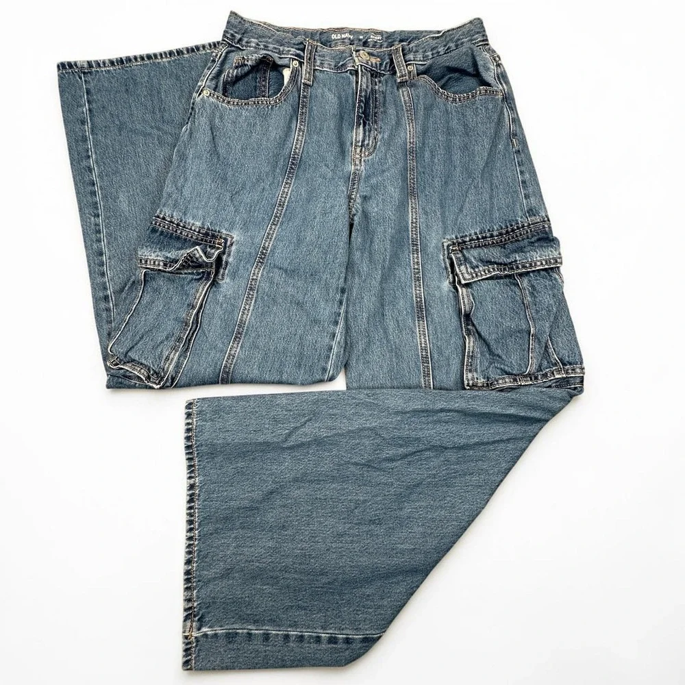 Old Navy High-Waisted Super Baggy Wide-Leg Cargo Jeans Girls 18 Seam Front Denim